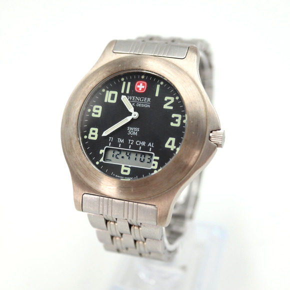 Wenger Mens Analog Digital Watch Watch Silver 40mm Black Dial 199.0687 RARE VTG - Picture 1 of 14